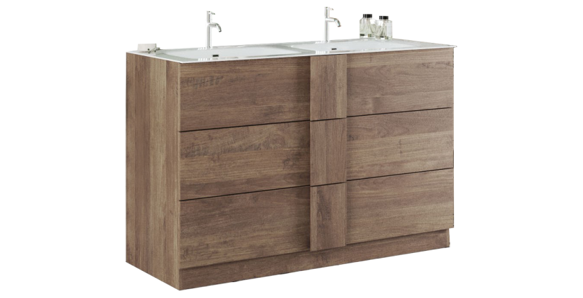 Meuble de salle de bain avec deux vasques et 3 tiroirs, collection FRASSI. Coloris chêne clair