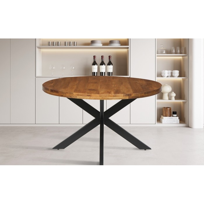 Table à manger ronde BOURGIA en bois massif de Mangolia, idéal pour une salle à manger conviviale