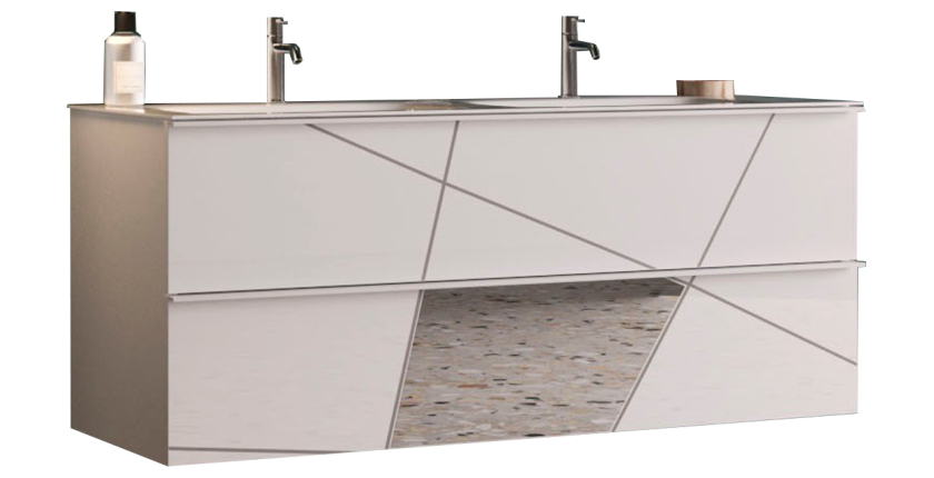 Meuble de salle de bain suspendu avec deux vasques et 2 tiroirs, collection VITARIO. Coloris blanc brillant