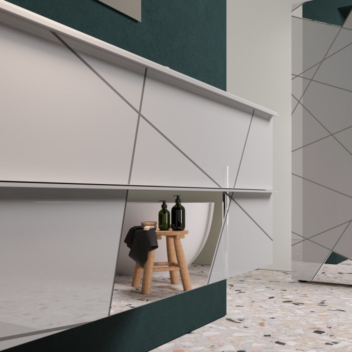 Meuble de salle de bain suspendu avec deux vasques et 2 tiroirs, collection VITARIO. Coloris blanc brillant