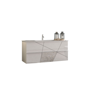 Meuble de salle de bain suspendu avec 1 vasque et 2 tiroirs, collection VITARIO. Coloris blanc brillant