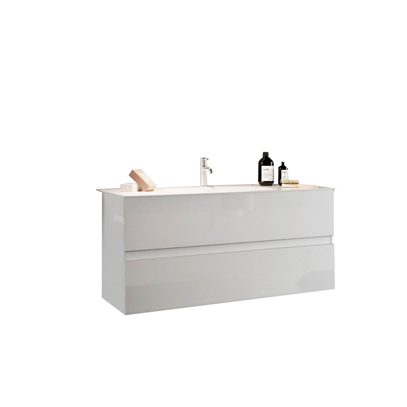 Meuble de salle de bain suspendu avec 1 vasque et 2 tiroirs, longueur 82cm, collection VIENNE. Coloris blanc brillant