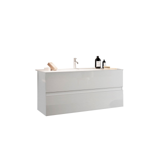 Meuble de salle de bain suspendu avec 1 vasque et 2 tiroirs, longueur 82cm, collection VIENNE. Coloris blanc brillant