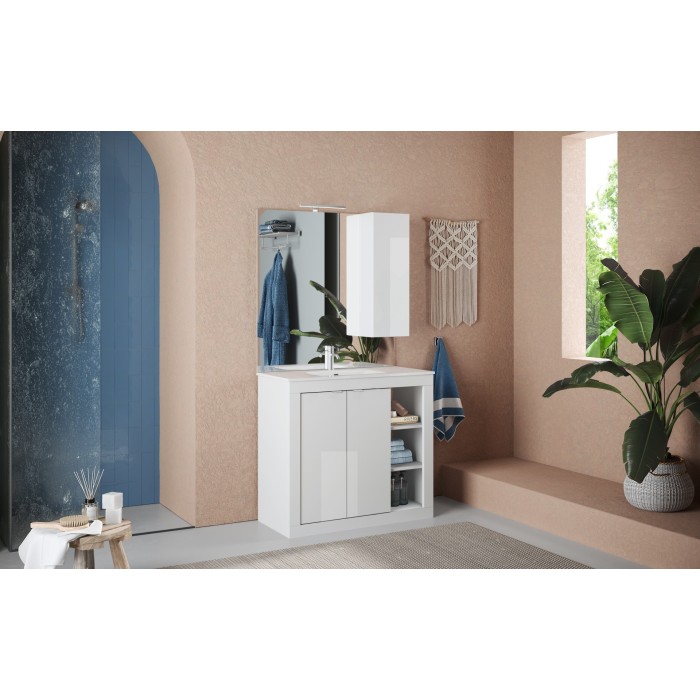 Meuble de salle de bain avec 1 vasque et 2 portes, collection VIENNE. Coloris blanc brillant