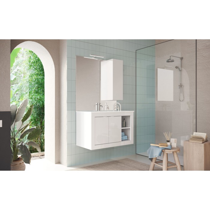 Meuble de salle de bain suspendu avec 1 vasque et 2 portes, collection VIENNE. Coloris blanc brillant