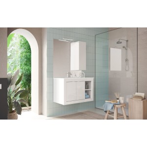 Meuble de salle de bain suspendu avec 1 vasque et 2 portes, collection VIENNE. Coloris blanc brillant