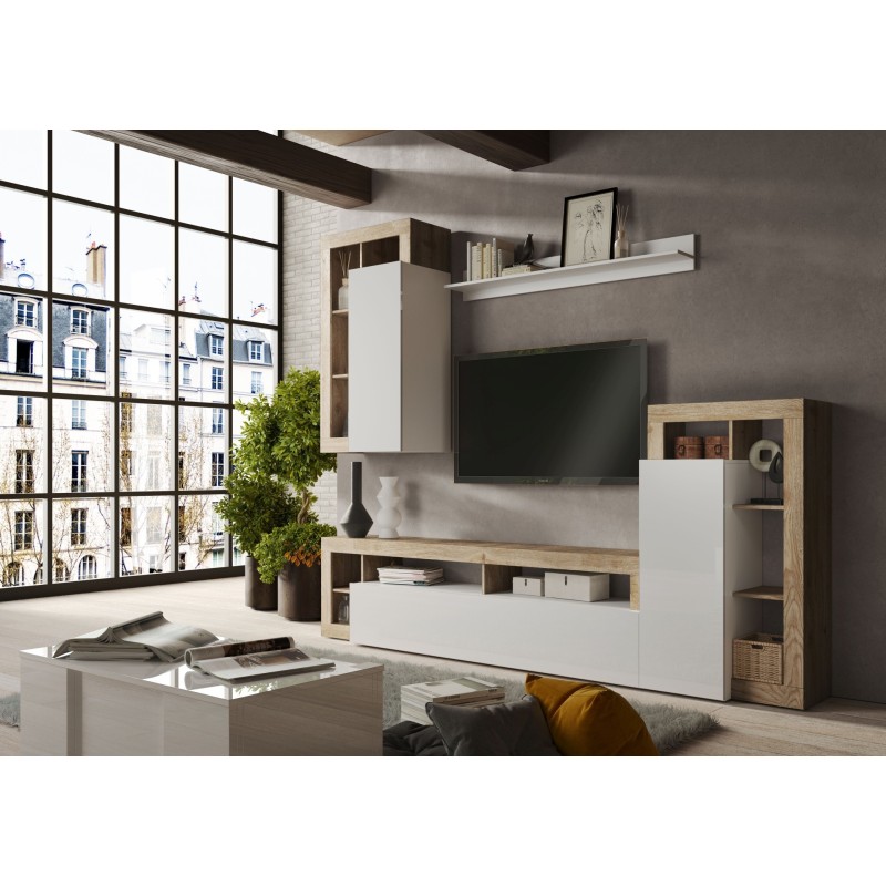 Ensemble de meubles de salon avec nombreux rangements collection BURA, longueur 280cm. Coloris chêne Cadiz et blanc laqué brilla