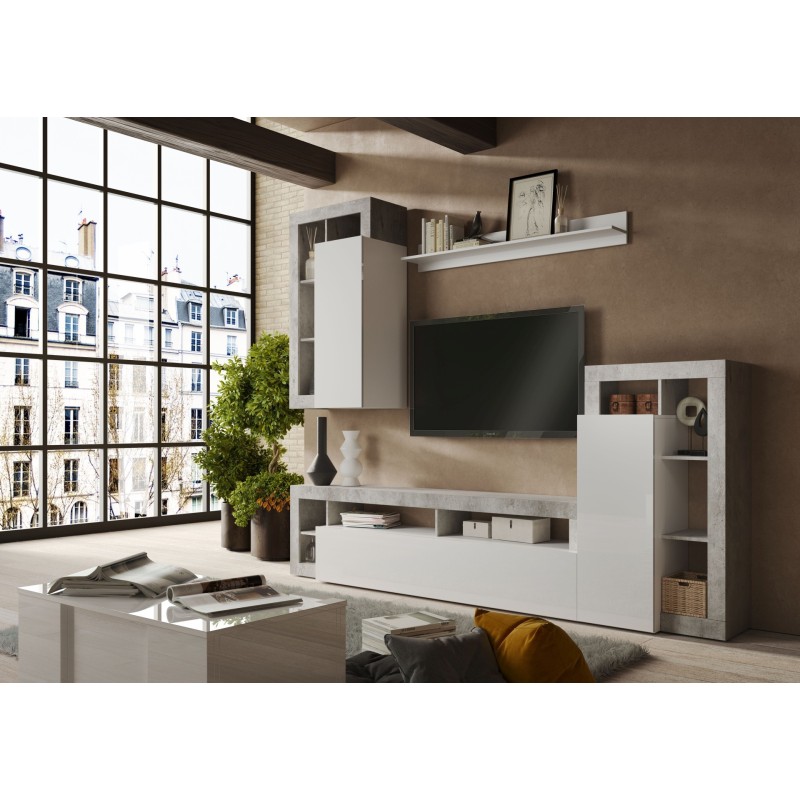 Ensemble de meubles de salon, collection BURA, longueur 280cm. Coloris béton et blanc laqué brillant