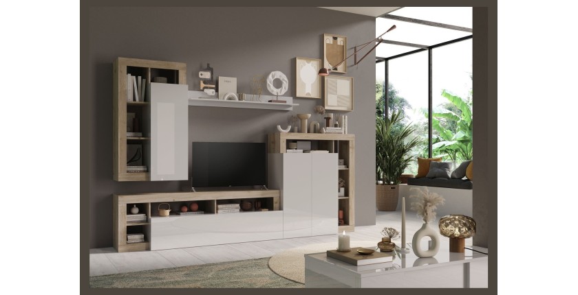 Ensemble de meubles de salon collection BURA, longueur 290cm. Coloris chêne Cadiz et blanc laqué brillant