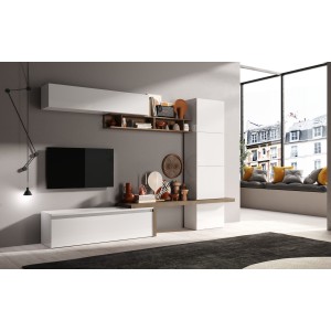 Ensemble de meubles de salon collection FANZY 4 portes. Coloris blanc brillant laqué et chêne