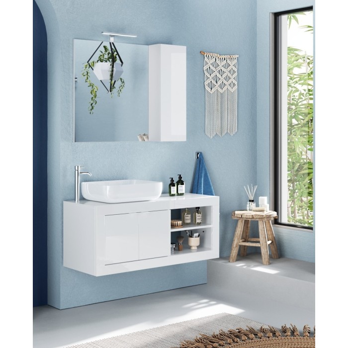 Meuble de salle de bain suspendu une vasque et 2 portes, longueur 92cm, collection CISA, coloris blanc brillant