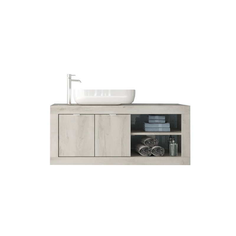 Meuble de salle de bain suspendu une vasque et 2 portes, collection CISA, coloris blanc effet bois