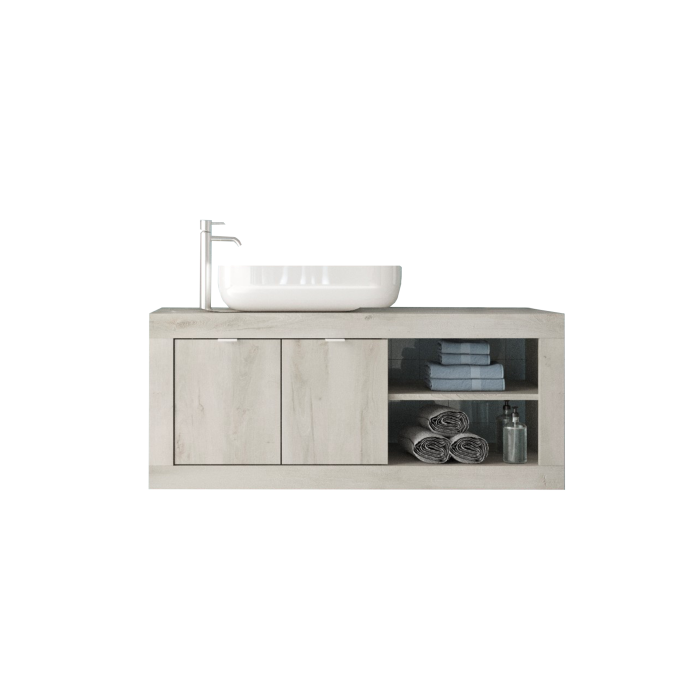 Meuble de salle de bain suspendu une vasque et 2 portes, longueur 92cm,  collection CISA, coloris blanc effet bois