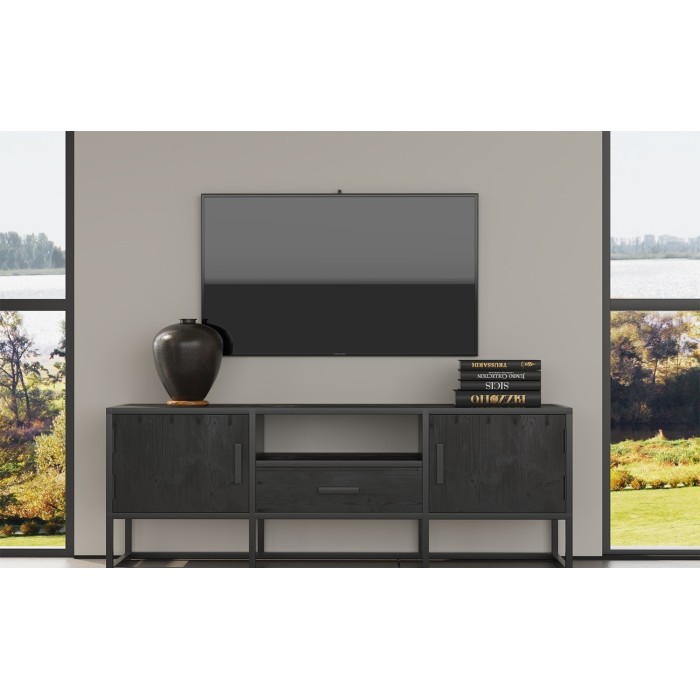 Meuble TV collection MADEIRO Structure métal et bois exotique de Mangolia noir. Idéal pour un salon de style industriel. L140cm