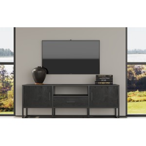 Meuble TV collection MADEIRO Structure métal et bois exotique de Mangolia noir. Idéal pour un salon de style industriel. L140cm