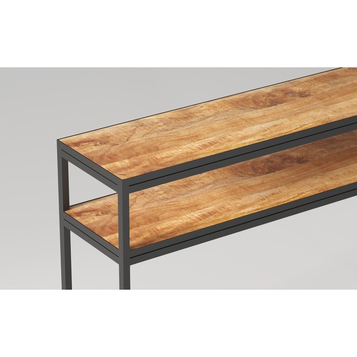 Console de salon style industriel en bois massif exotique de Mangolia et structure métal. Collection MADEIRO