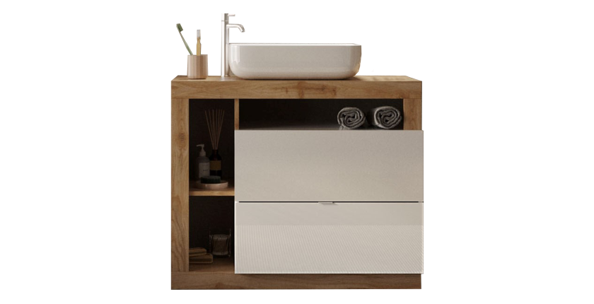 Meuble de salle de bain avec une vasque et 2 tiroirs, longueur 92cm, collection BURA. Coloris blanc brillant et chêne clair