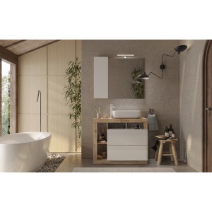 Meuble de salle de bain avec une vasque et 2 tiroirs, longueur 92cm, collection BURA. Coloris blanc brillant et chêne clair