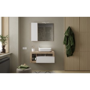 Meuble de salle de bain suspendu avec vasque et tiroir, longueur 92cm, collection BURA. Coloris blanc brillant et chêne clair