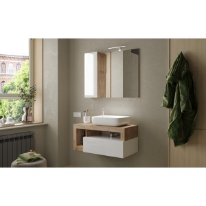 Meuble de salle de bain suspendu avec vasque et tiroir, longueur 92cm, collection BURA. Coloris blanc brillant et chêne clair