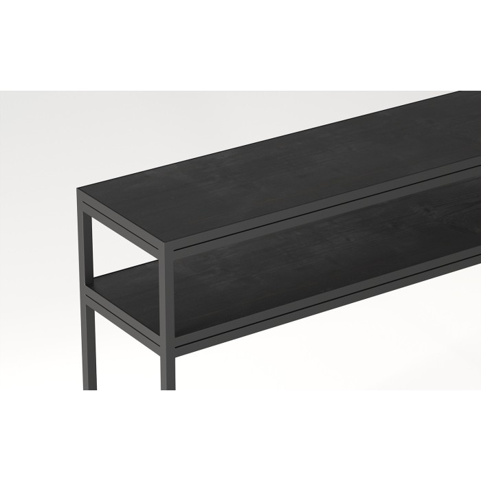 Console de salon style industriel en bois massif exotique de Mangolia noir et structure métal. Collection MADEIRO