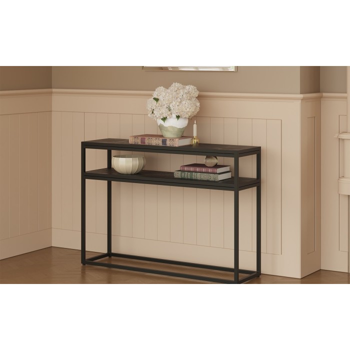 Console de salon style industriel en bois massif exotique de Mangolia noir et structure métal. Collection MADEIRO