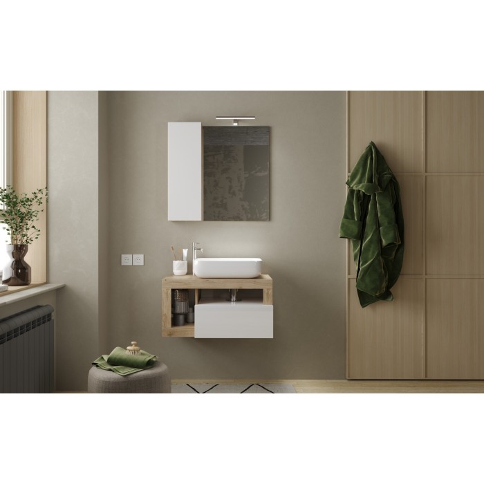 Meuble de salle de bain suspendu avec vasque et tiroir, longueur 79cm, collection BURA, coloris blanc brillant et chêne clair