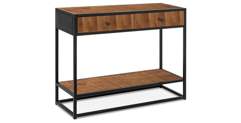 Console de salon avec tiroir style industriel en bois massif exotique de Mangolia et structure métal. Collection MADEIRO