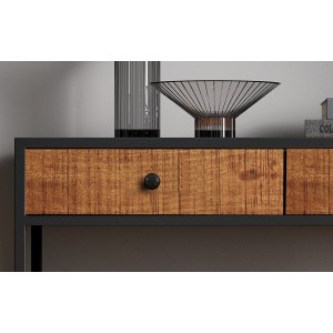 Console de salon avec tiroir style industriel en bois massif exotique de Mangolia et structure métal. Collection MADEIRO