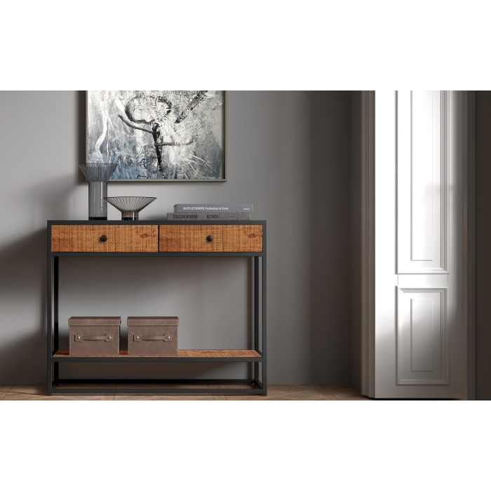 Console de salon avec tiroir style industriel en bois massif exotique de Mangolia et structure métal. Collection MADEIRO