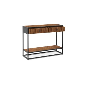 Console de salon avec tiroir style industriel en bois massif exotique de Mangolia et structure métal. Collection MADEIRO