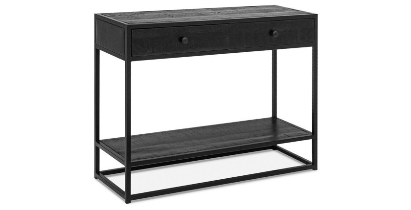 Console de salon avec tiroir style industriel en bois massif exotique de Mangolia noir et structure métal. Collection MADEIRO
