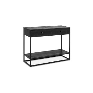 Console de salon avec tiroir style industriel en bois massif exotique de Mangolia noir et structure métal. Collection MADEIRO