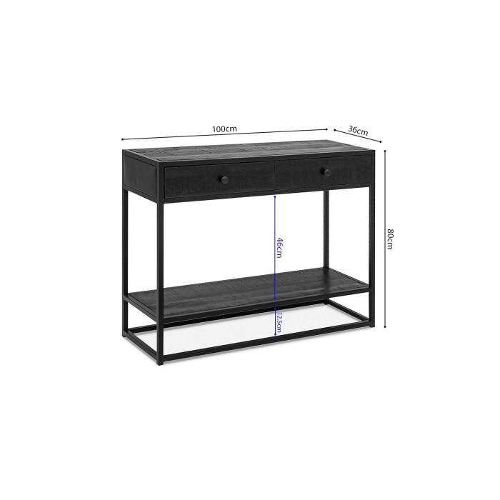 Console de salon avec tiroir style industriel en bois massif exotique de Mangolia noir et structure métal. Collection MADEIRO