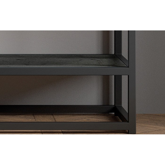 Console de salon avec tiroir style industriel en bois massif exotique de Mangolia noir et structure métal. Collection MADEIRO