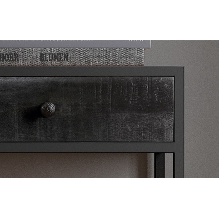 Console de salon avec tiroir style industriel en bois massif exotique de Mangolia noir et structure métal. Collection MADEIRO