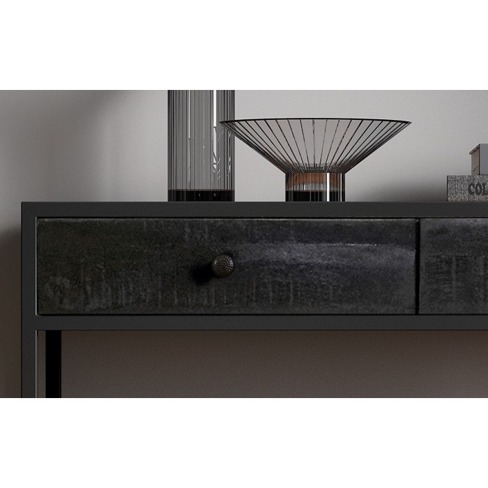 Console de salon avec tiroir style industriel en bois massif exotique de Mangolia noir et structure métal. Collection MADEIRO