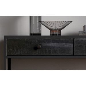 Console de salon avec tiroir style industriel en bois massif exotique de Mangolia noir et structure métal. Collection MADEIRO