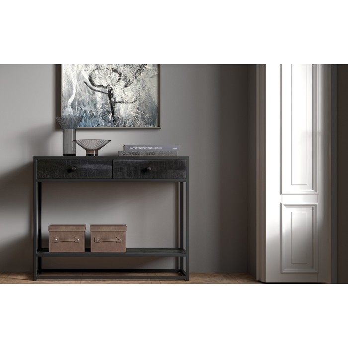 Console de salon avec tiroir style industriel en bois massif exotique de Mangolia noir et structure métal. Collection MADEIRO