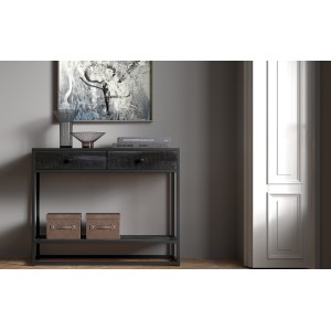 Console de salon avec tiroir style industriel en bois massif exotique de Mangolia noir et structure métal. Collection MADEIRO