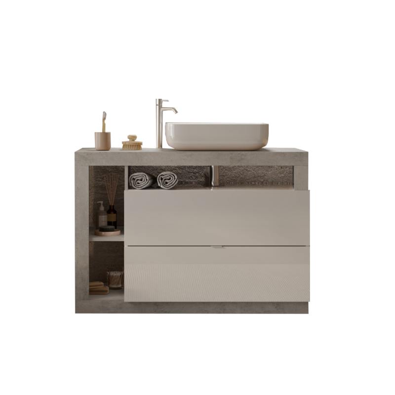 Meuble de salle de bain avec une vasque et 2 tiroirs, collection BURA. Coloris blanc brillant et béton