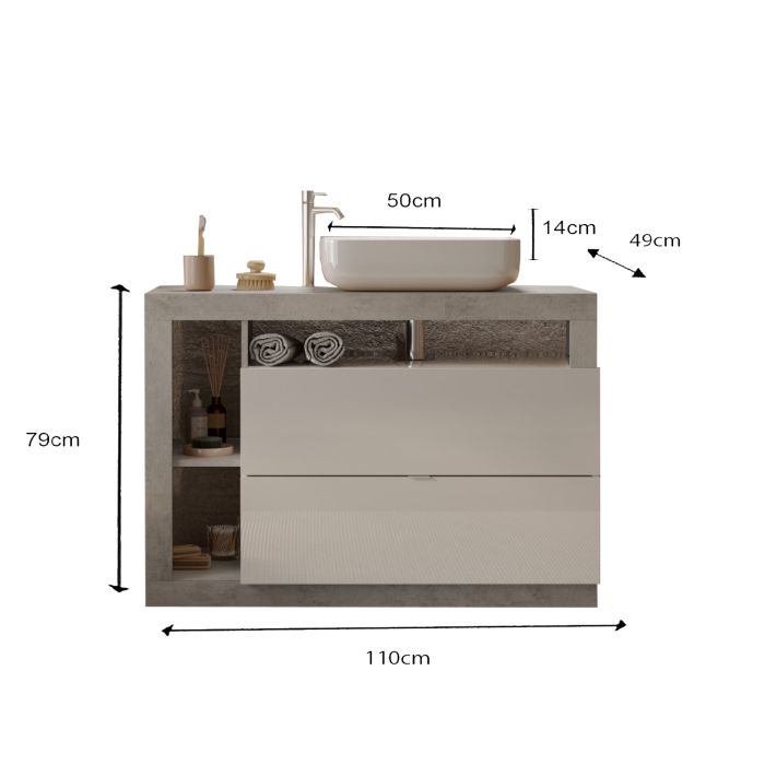 Meuble de salle de bain avec une vasque et 2 tiroirs, collection BURA. Coloris blanc brillant et béton