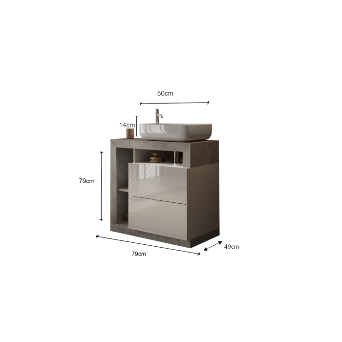 Meuble de salle de bain avec vasque et 2 tiroirs, longueur 79cm, collection BURA, coloris blanc brillant et béton