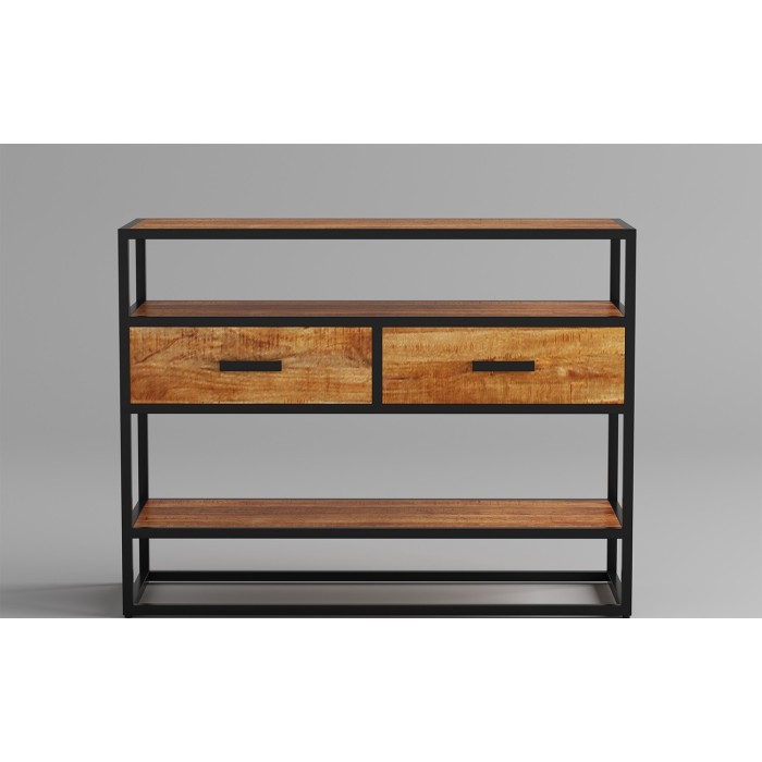 Console de salon avec tiroir et étagère de style industriel en bois massif exotique de Mangolia. Collection MADEIRO