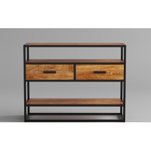 Console de salon avec tiroir et étagère de style industriel en bois massif exotique de Mangolia. Collection MADEIRO