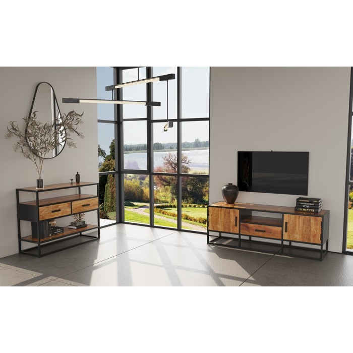 Console de salon avec tiroir et étagère de style industriel en bois massif exotique de Mangolia. Collection MADEIRO