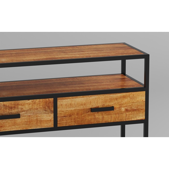 Console de salon avec tiroir et étagère de style industriel en bois massif exotique de Mangolia. Collection MADEIRO