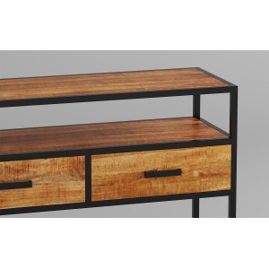 Console de salon avec tiroir et étagère de style industriel en bois massif exotique de Mangolia. Collection MADEIRO