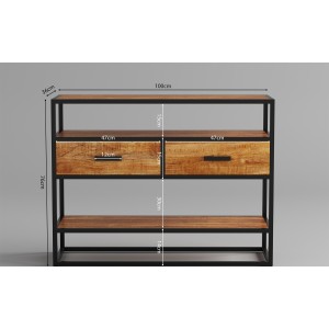 Console de salon avec tiroir et étagère de style industriel en bois massif exotique de Mangolia. Collection MADEIRO