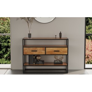 Console de salon avec tiroir et étagère de style industriel en bois massif exotique de Mangolia. Collection MADEIRO
